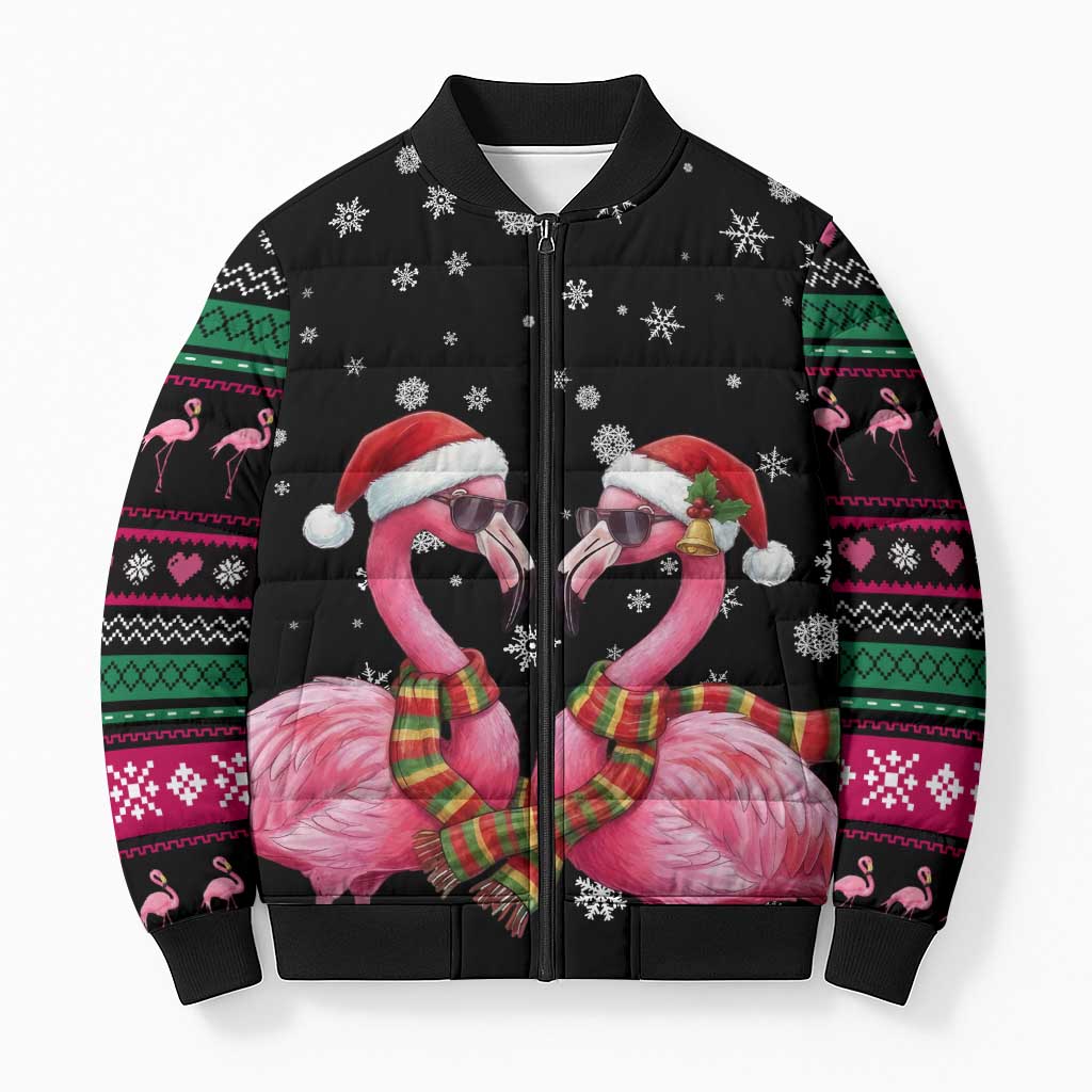 Flamingo Couple Christmas Bomber Puffer Jacket Xmas Holiday Patterns - Wonder Print Shop