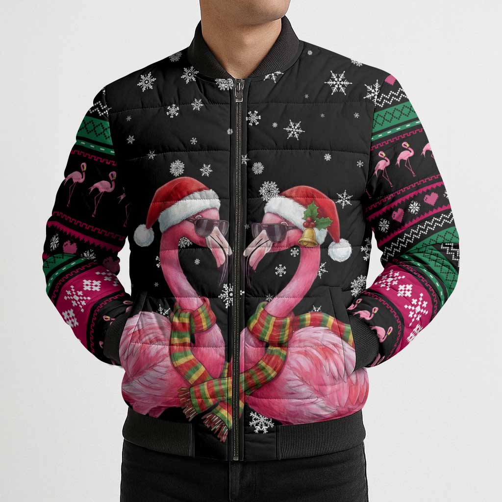 Flamingo Couple Christmas Bomber Puffer Jacket Xmas Holiday Patterns - Wonder Print Shop