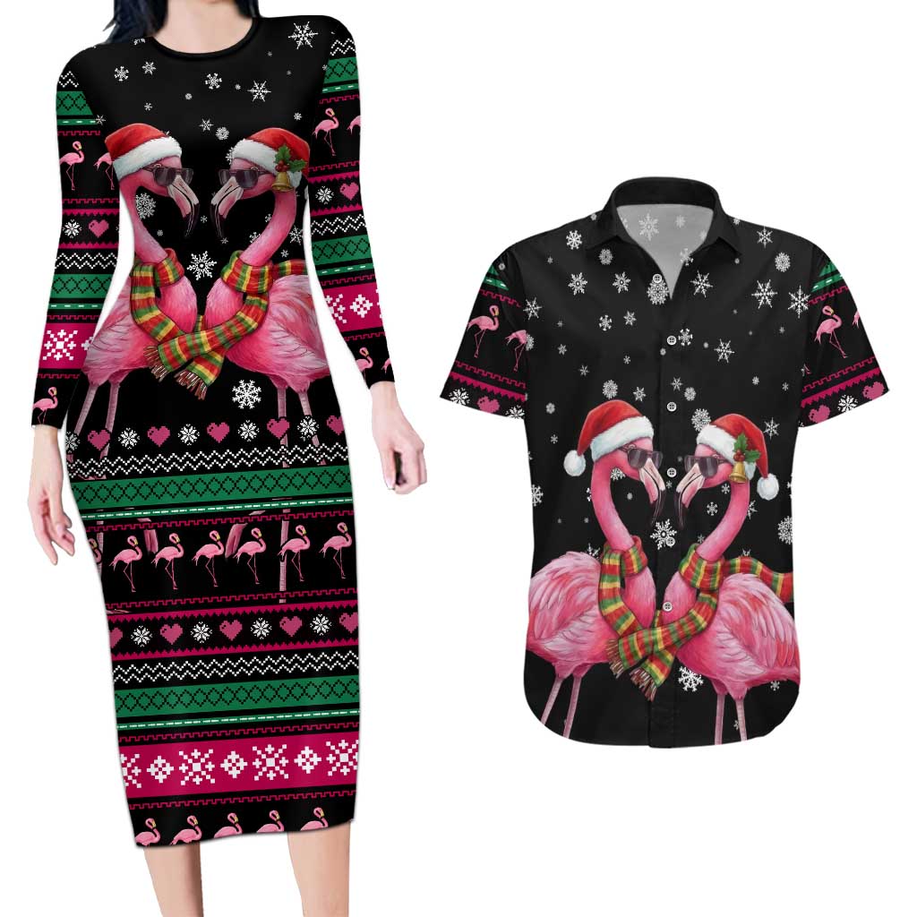 Flamingo Couple Christmas Couples Matching Long Sleeve Bodycon Dress and Hawaiian Shirt Xmas Holiday Patterns - Wonder Print Shop