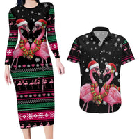 Flamingo Couple Christmas Couples Matching Long Sleeve Bodycon Dress and Hawaiian Shirt Xmas Holiday Patterns - Wonder Print Shop