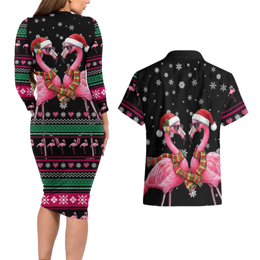 Flamingo Couple Christmas Couples Matching Long Sleeve Bodycon Dress and Hawaiian Shirt Xmas Holiday Patterns - Wonder Print Shop