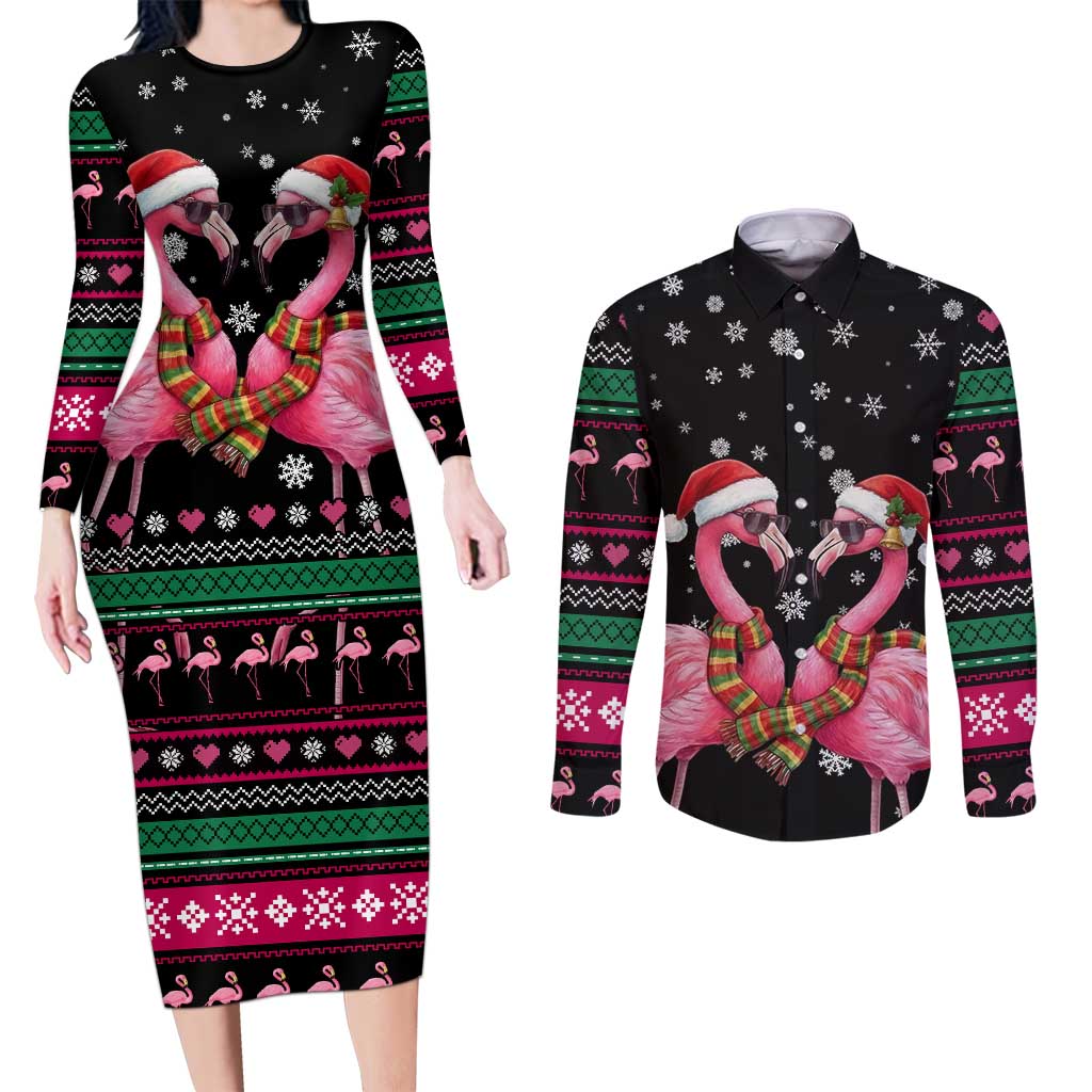 Flamingo Couple Christmas Couples Matching Long Sleeve Bodycon Dress and Long Sleeve Button Shirt Xmas Holiday Patterns - Wonder Print Shop