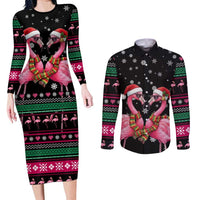 Flamingo Couple Christmas Couples Matching Long Sleeve Bodycon Dress and Long Sleeve Button Shirt Xmas Holiday Patterns - Wonder Print Shop