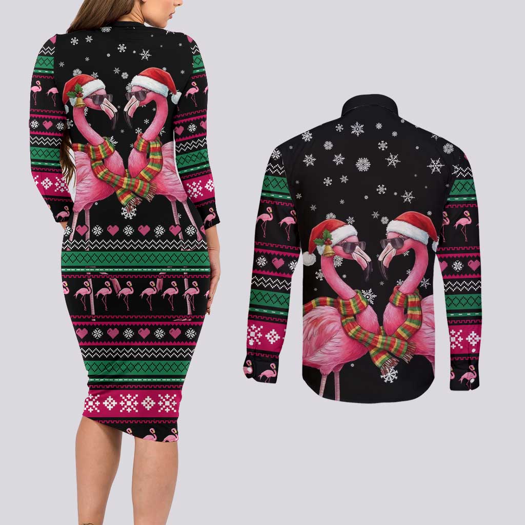 Flamingo Couple Christmas Couples Matching Long Sleeve Bodycon Dress and Long Sleeve Button Shirt Xmas Holiday Patterns - Wonder Print Shop