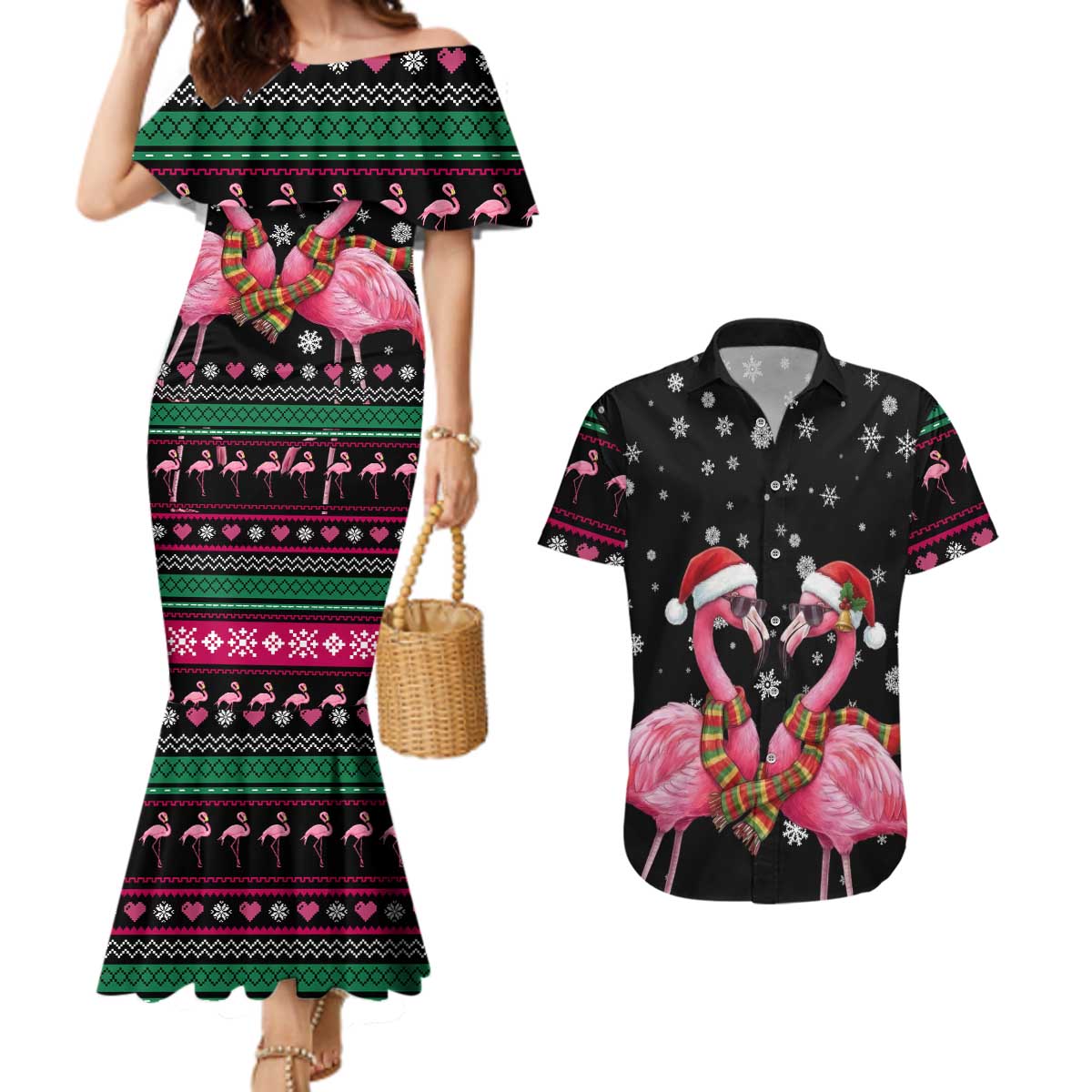 Flamingo Couple Christmas Couples Matching Mermaid Dress and Hawaiian Shirt Xmas Holiday Patterns - Wonder Print Shop