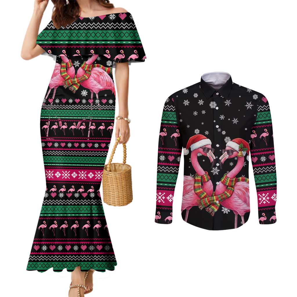 Flamingo Couple Christmas Couples Matching Mermaid Dress and Long Sleeve Button Shirt Xmas Holiday Patterns - Wonder Print Shop
