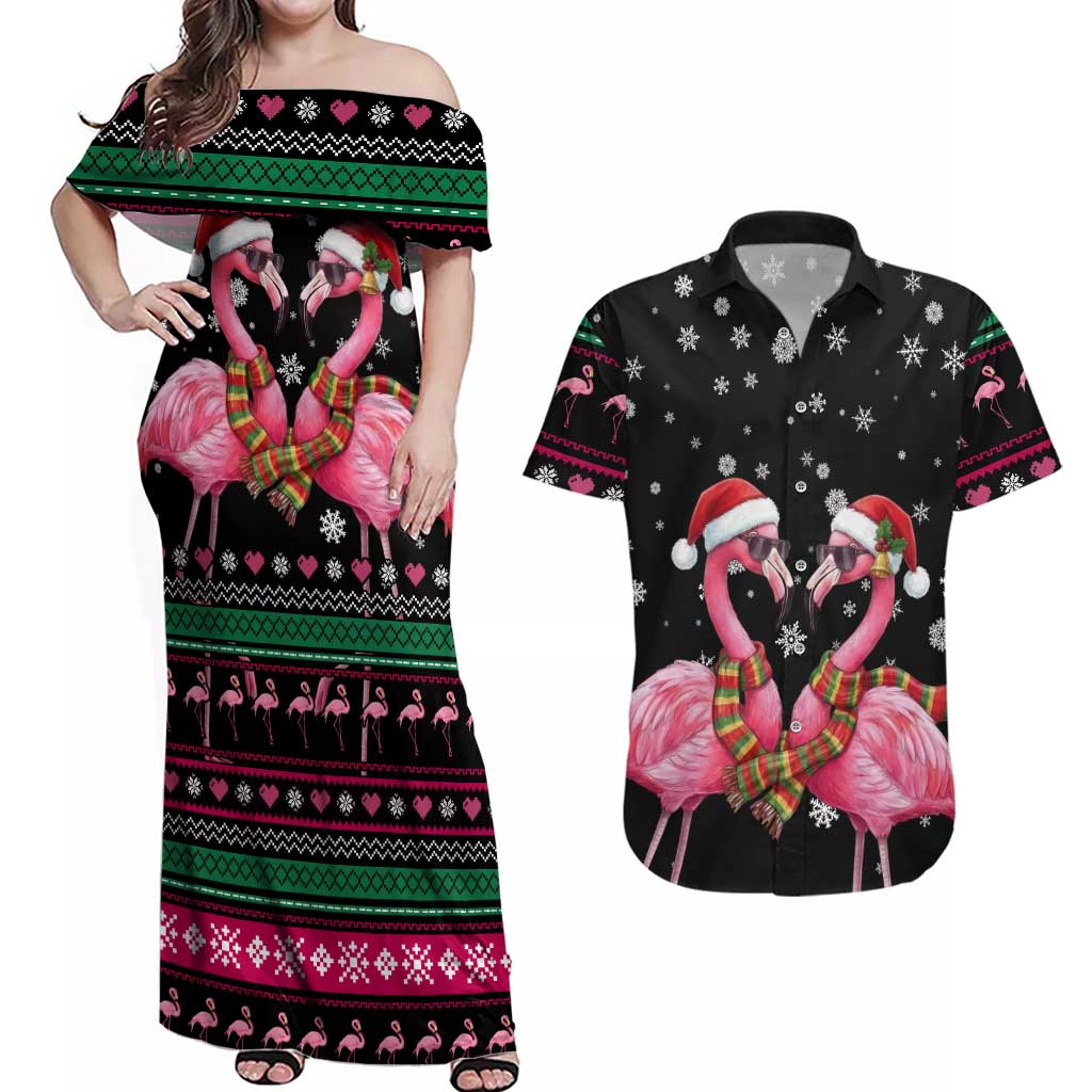 Flamingo Couple Christmas Couples Matching Off Shoulder Maxi Dress and Hawaiian Shirt Xmas Holiday Patterns - Wonder Print Shop