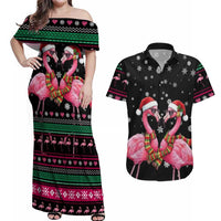 Flamingo Couple Christmas Couples Matching Off Shoulder Maxi Dress and Hawaiian Shirt Xmas Holiday Patterns - Wonder Print Shop