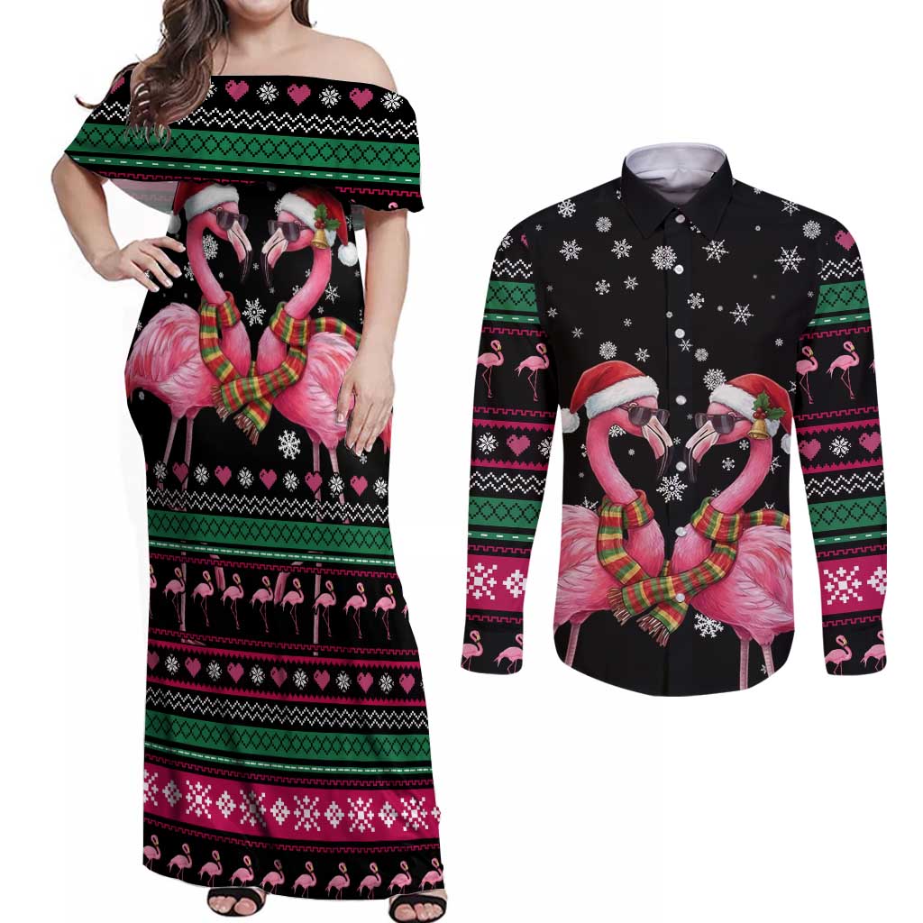 Flamingo Couple Christmas Couples Matching Off Shoulder Maxi Dress and Long Sleeve Button Shirt Xmas Holiday Patterns - Wonder Print Shop