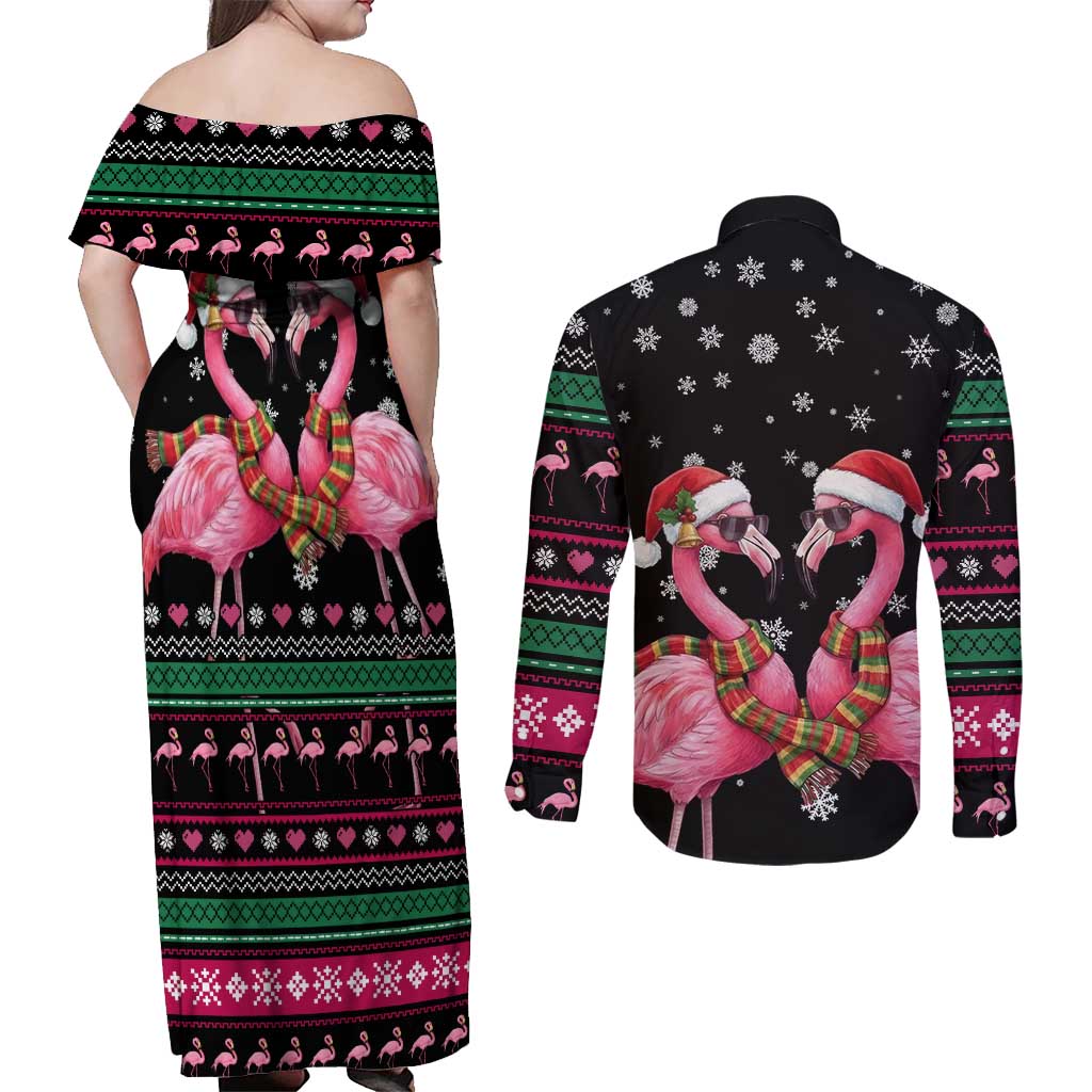 Flamingo Couple Christmas Couples Matching Off Shoulder Maxi Dress and Long Sleeve Button Shirt Xmas Holiday Patterns - Wonder Print Shop