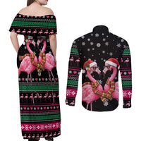 Flamingo Couple Christmas Couples Matching Off Shoulder Maxi Dress and Long Sleeve Button Shirt Xmas Holiday Patterns - Wonder Print Shop