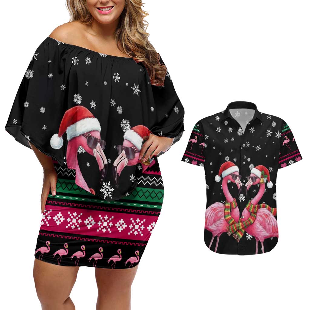 Flamingo Couple Christmas Couples Matching Off Shoulder Short Dress and Hawaiian Shirt Xmas Holiday Patterns - Wonder Print Shop