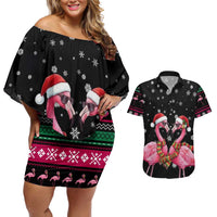Flamingo Couple Christmas Couples Matching Off Shoulder Short Dress and Hawaiian Shirt Xmas Holiday Patterns - Wonder Print Shop
