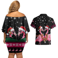 Flamingo Couple Christmas Couples Matching Off Shoulder Short Dress and Hawaiian Shirt Xmas Holiday Patterns - Wonder Print Shop