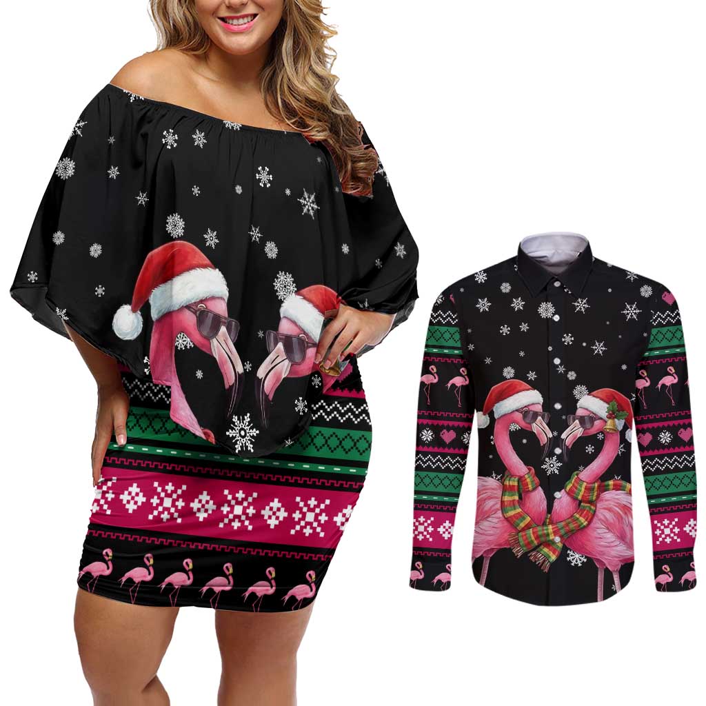 Flamingo Couple Christmas Couples Matching Off Shoulder Short Dress and Long Sleeve Button Shirt Xmas Holiday Patterns - Wonder Print Shop