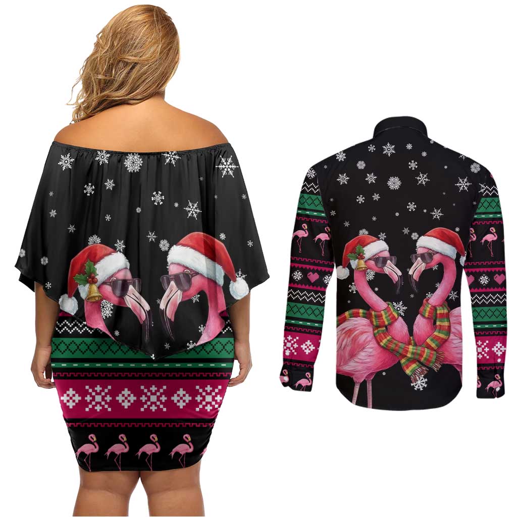 Flamingo Couple Christmas Couples Matching Off Shoulder Short Dress and Long Sleeve Button Shirt Xmas Holiday Patterns - Wonder Print Shop