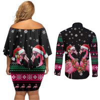 Flamingo Couple Christmas Couples Matching Off Shoulder Short Dress and Long Sleeve Button Shirt Xmas Holiday Patterns - Wonder Print Shop