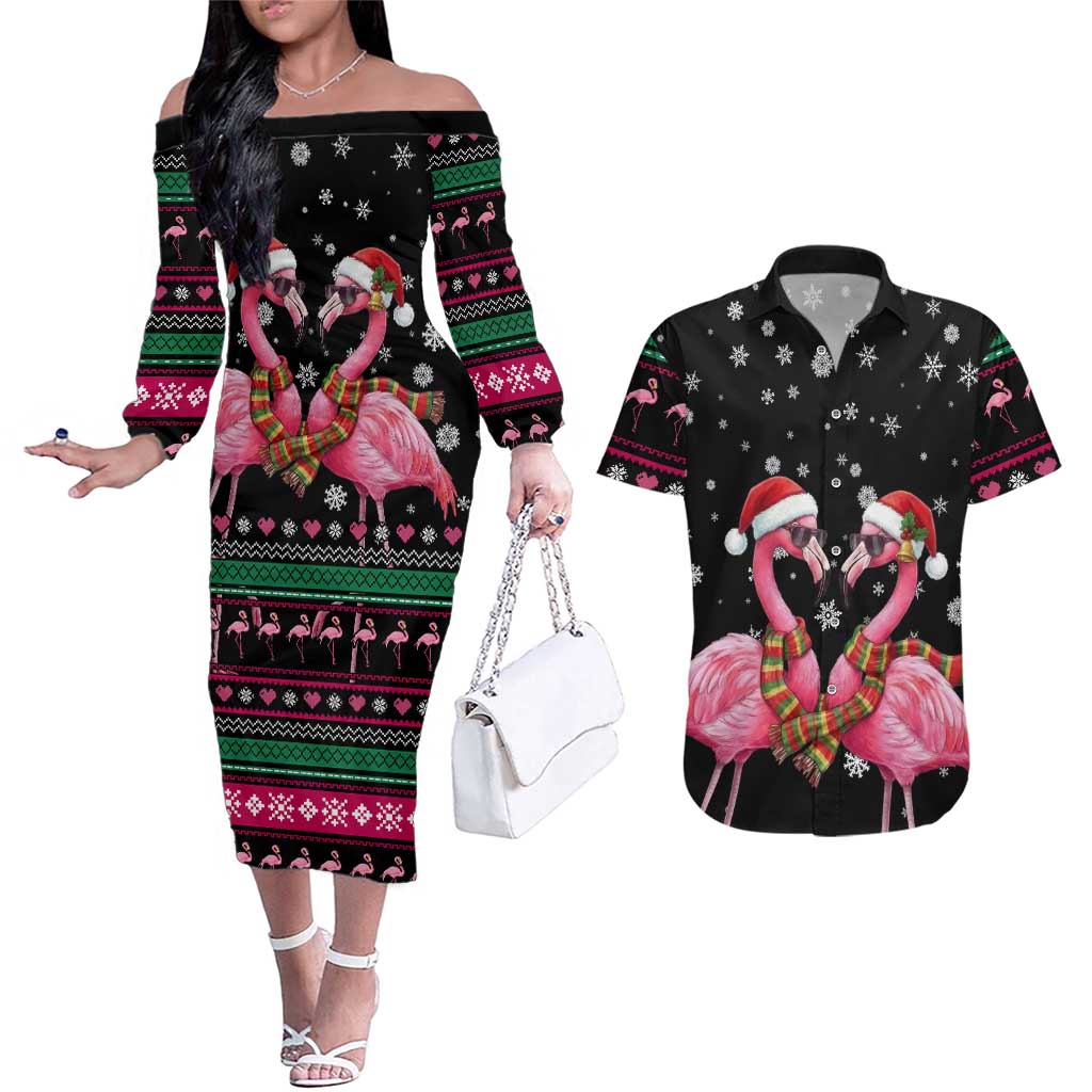 Flamingo Couple Christmas Couples Matching Off The Shoulder Long Sleeve Dress and Hawaiian Shirt Xmas Holiday Patterns - Wonder Print Shop