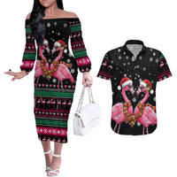 Flamingo Couple Christmas Couples Matching Off The Shoulder Long Sleeve Dress and Hawaiian Shirt Xmas Holiday Patterns - Wonder Print Shop