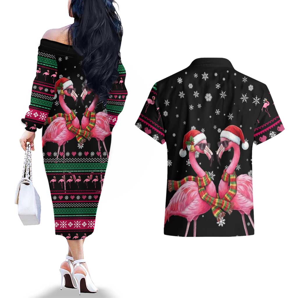 Flamingo Couple Christmas Couples Matching Off The Shoulder Long Sleeve Dress and Hawaiian Shirt Xmas Holiday Patterns - Wonder Print Shop