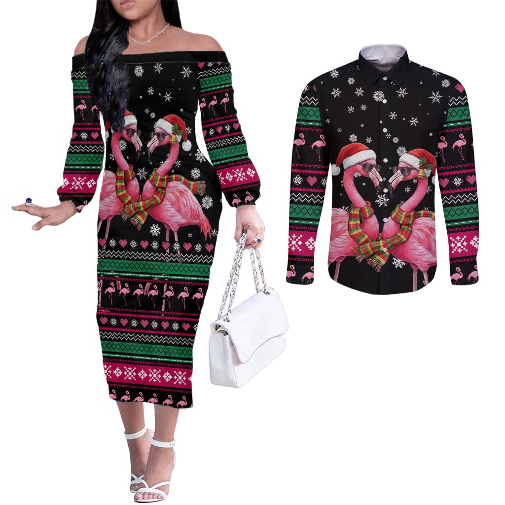 Flamingo Couple Christmas Couples Matching Off The Shoulder Long Sleeve Dress and Long Sleeve Button Shirt Xmas Holiday Patterns - Wonder Print Shop