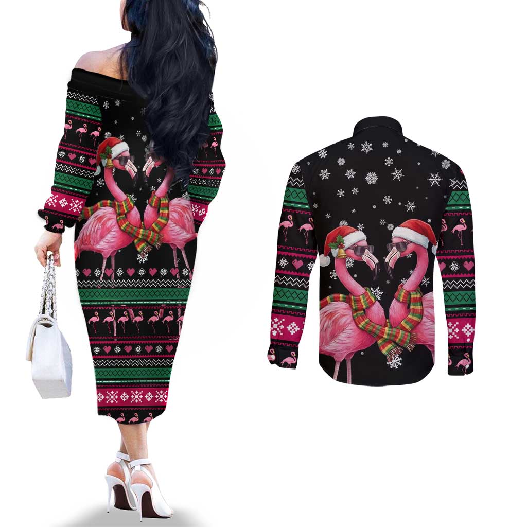 Flamingo Couple Christmas Couples Matching Off The Shoulder Long Sleeve Dress and Long Sleeve Button Shirt Xmas Holiday Patterns - Wonder Print Shop