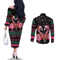 Flamingo Couple Christmas Couples Matching Off The Shoulder Long Sleeve Dress and Long Sleeve Button Shirt Xmas Holiday Patterns - Wonder Print Shop