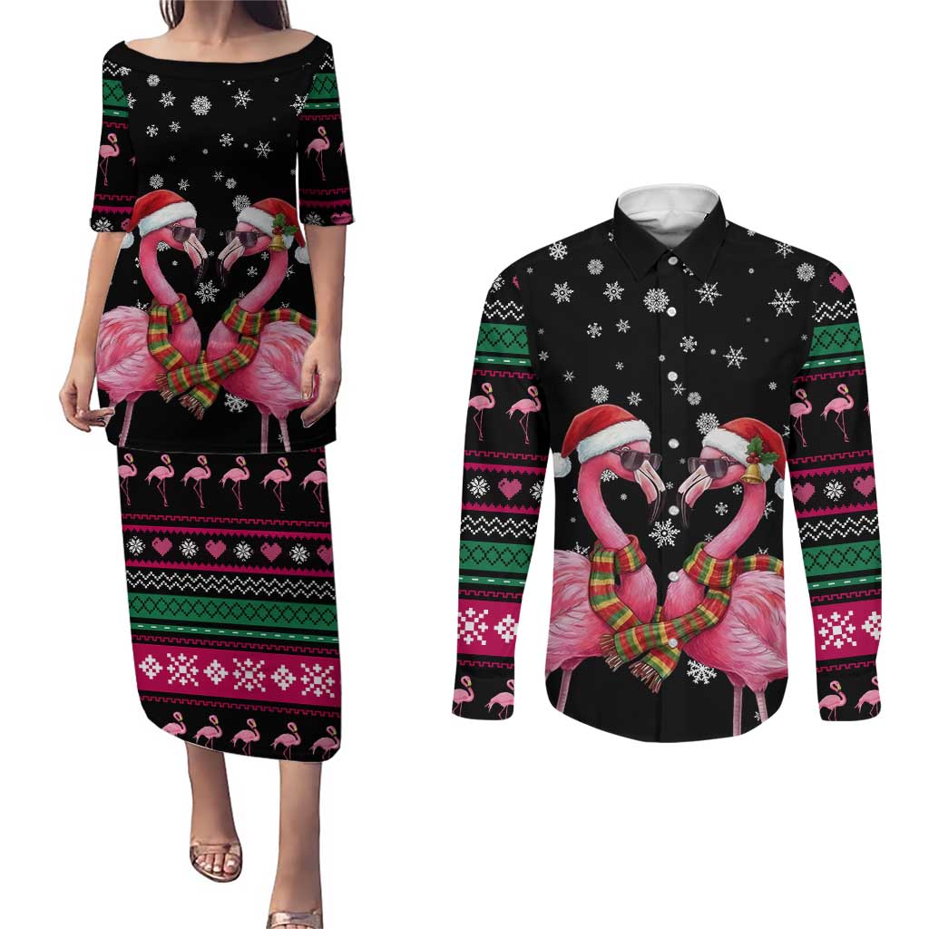 Flamingo Couple Christmas Couples Matching Puletasi and Long Sleeve Button Shirt Xmas Holiday Patterns - Wonder Print Shop