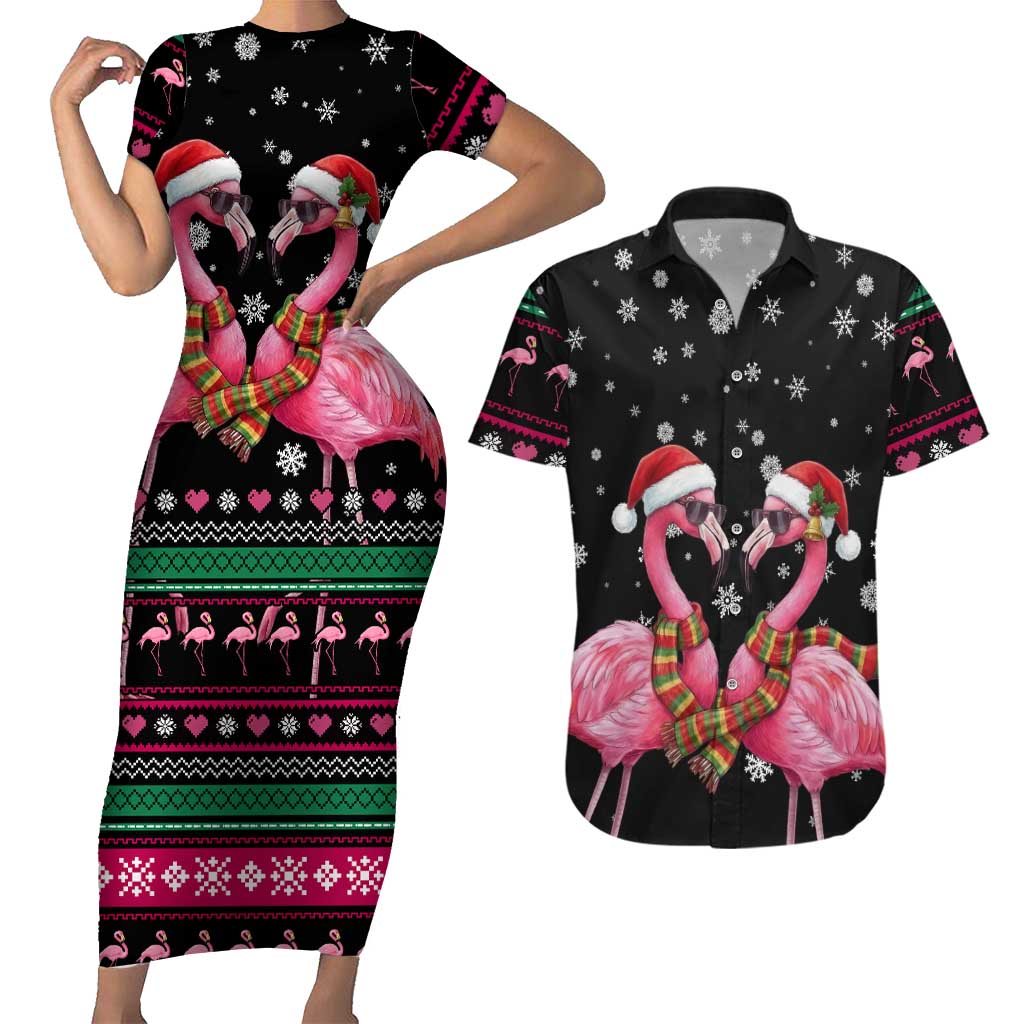 Flamingo Couple Christmas Couples Matching Short Sleeve Bodycon Dress and Hawaiian Shirt Xmas Holiday Patterns - Wonder Print Shop