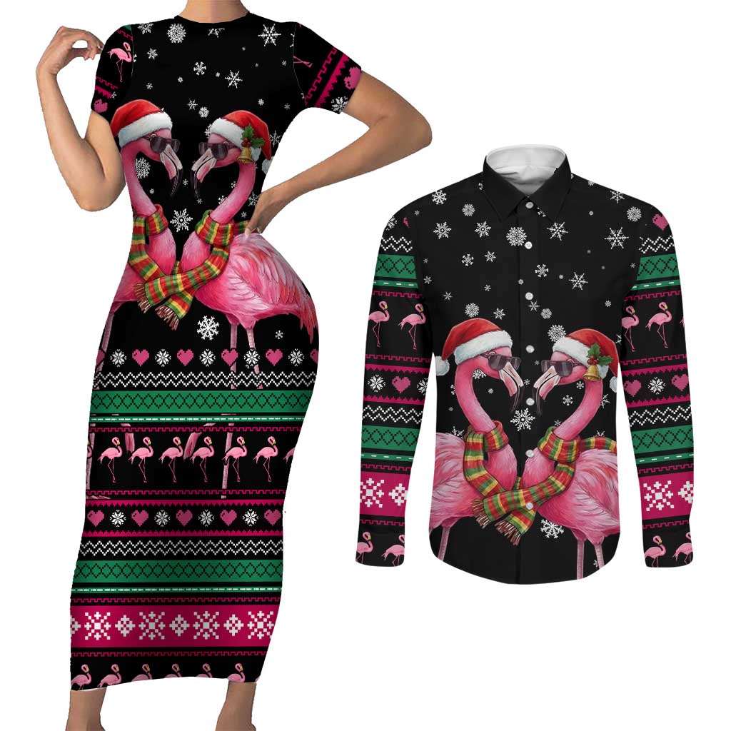 Flamingo Couple Christmas Couples Matching Short Sleeve Bodycon Dress and Long Sleeve Button Shirt Xmas Holiday Patterns - Wonder Print Shop