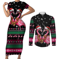 Flamingo Couple Christmas Couples Matching Short Sleeve Bodycon Dress and Long Sleeve Button Shirt Xmas Holiday Patterns - Wonder Print Shop