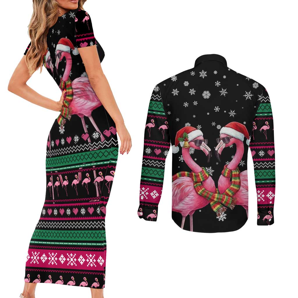 Flamingo Couple Christmas Couples Matching Short Sleeve Bodycon Dress and Long Sleeve Button Shirt Xmas Holiday Patterns - Wonder Print Shop