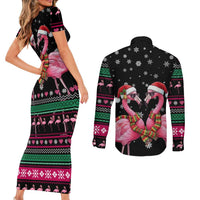Flamingo Couple Christmas Couples Matching Short Sleeve Bodycon Dress and Long Sleeve Button Shirt Xmas Holiday Patterns - Wonder Print Shop