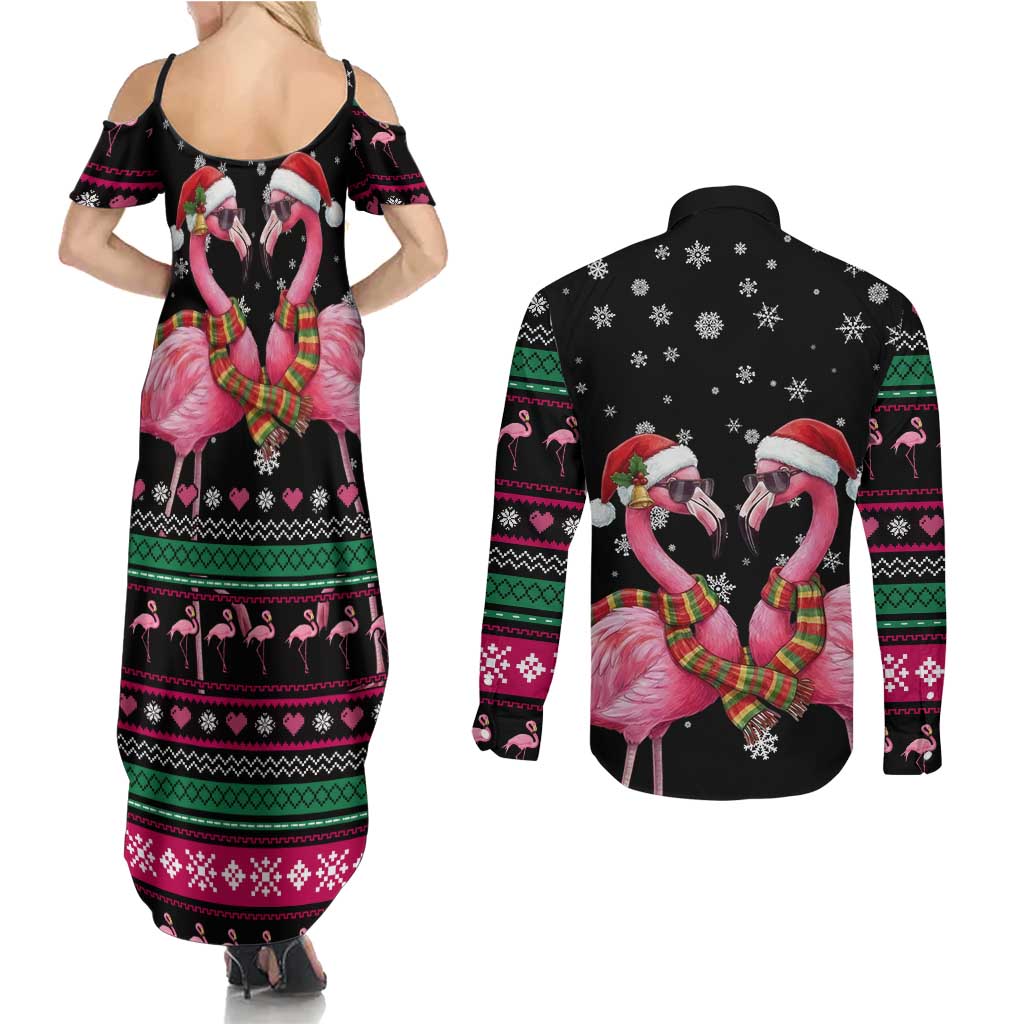 Flamingo Couple Christmas Couples Matching Summer Maxi Dress and Long Sleeve Button Shirt Xmas Holiday Patterns - Wonder Print Shop