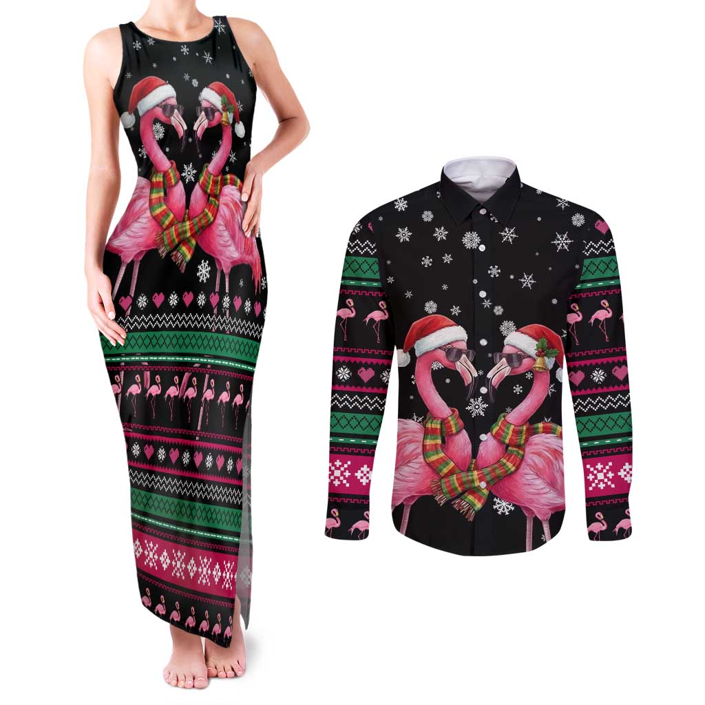 Flamingo Couple Christmas Couples Matching Tank Maxi Dress and Long Sleeve Button Shirt Xmas Holiday Patterns - Wonder Print Shop