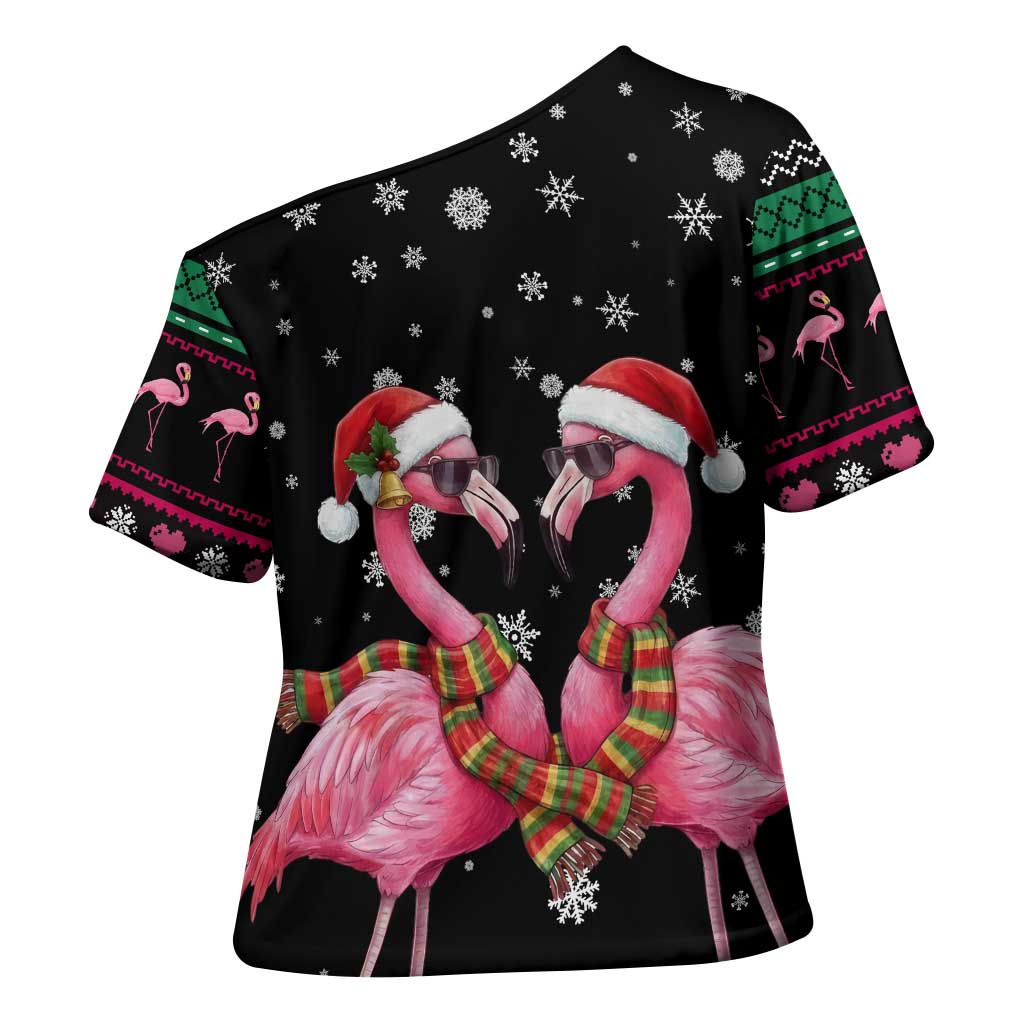 Flamingo Couple Christmas Cross Shoulder Shirt Xmas Holiday Patterns - Wonder Print Shop