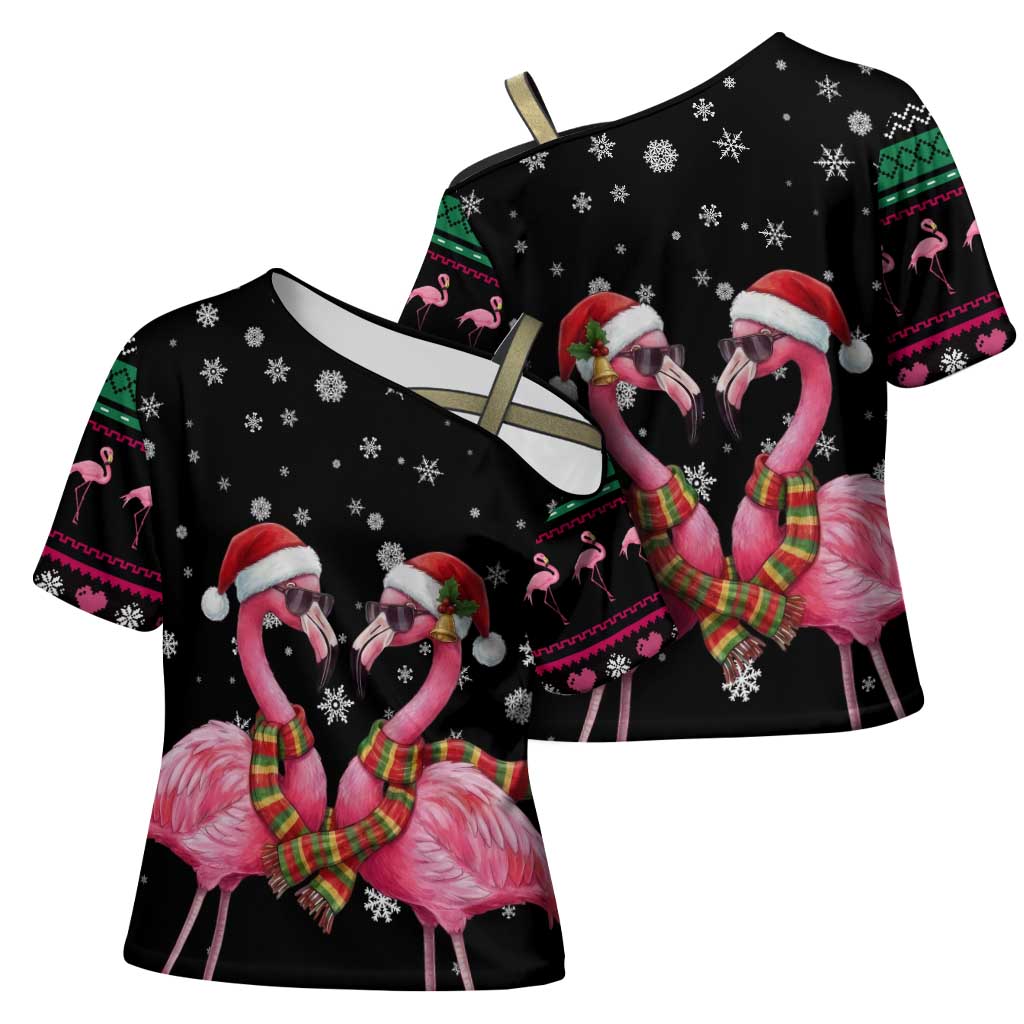 Flamingo Couple Christmas Cross Shoulder Shirt Xmas Holiday Patterns - Wonder Print Shop