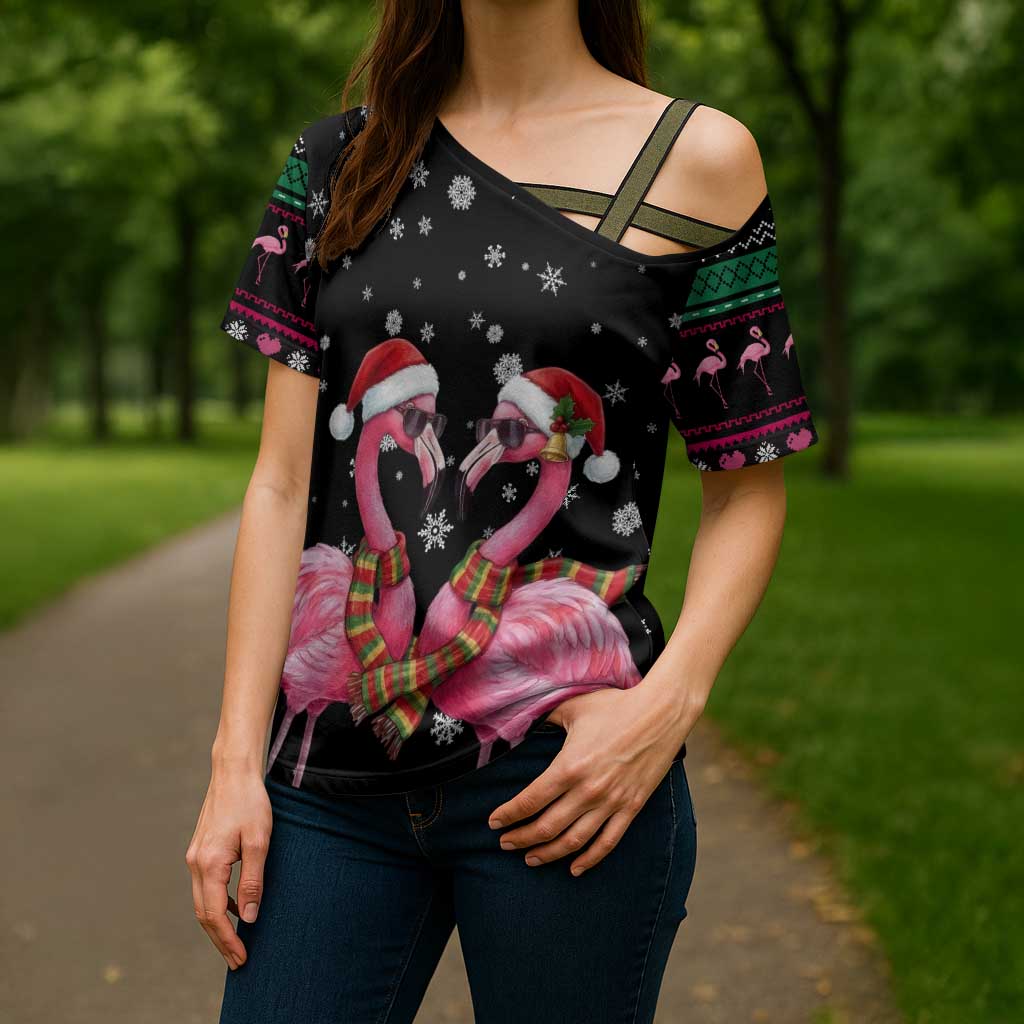 Flamingo Couple Christmas Cross Shoulder Shirt Xmas Holiday Patterns - Wonder Print Shop