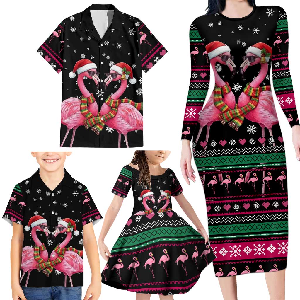 Flamingo Couple Christmas Family Matching Long Sleeve Bodycon Dress and Hawaiian Shirt Xmas Holiday Patterns - Wonder Print Shop