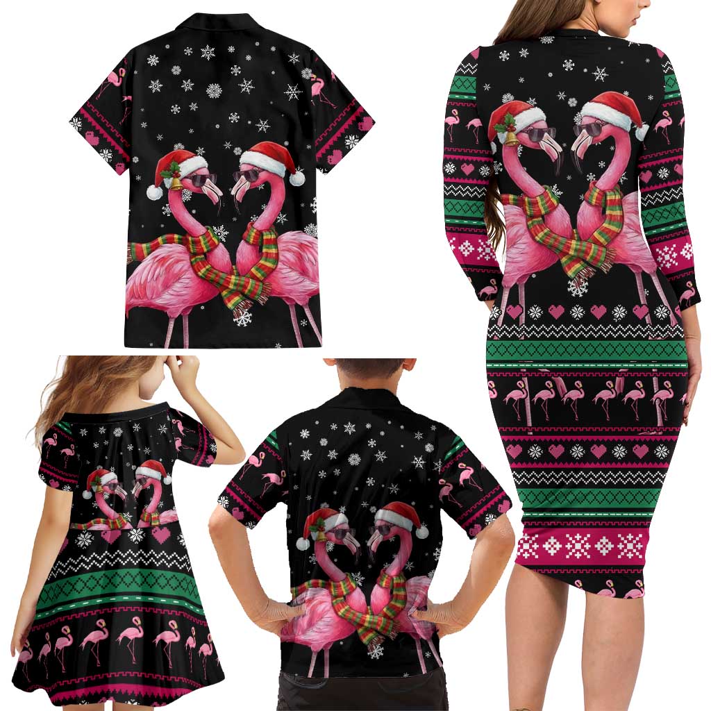 Flamingo Couple Christmas Family Matching Long Sleeve Bodycon Dress and Hawaiian Shirt Xmas Holiday Patterns - Wonder Print Shop