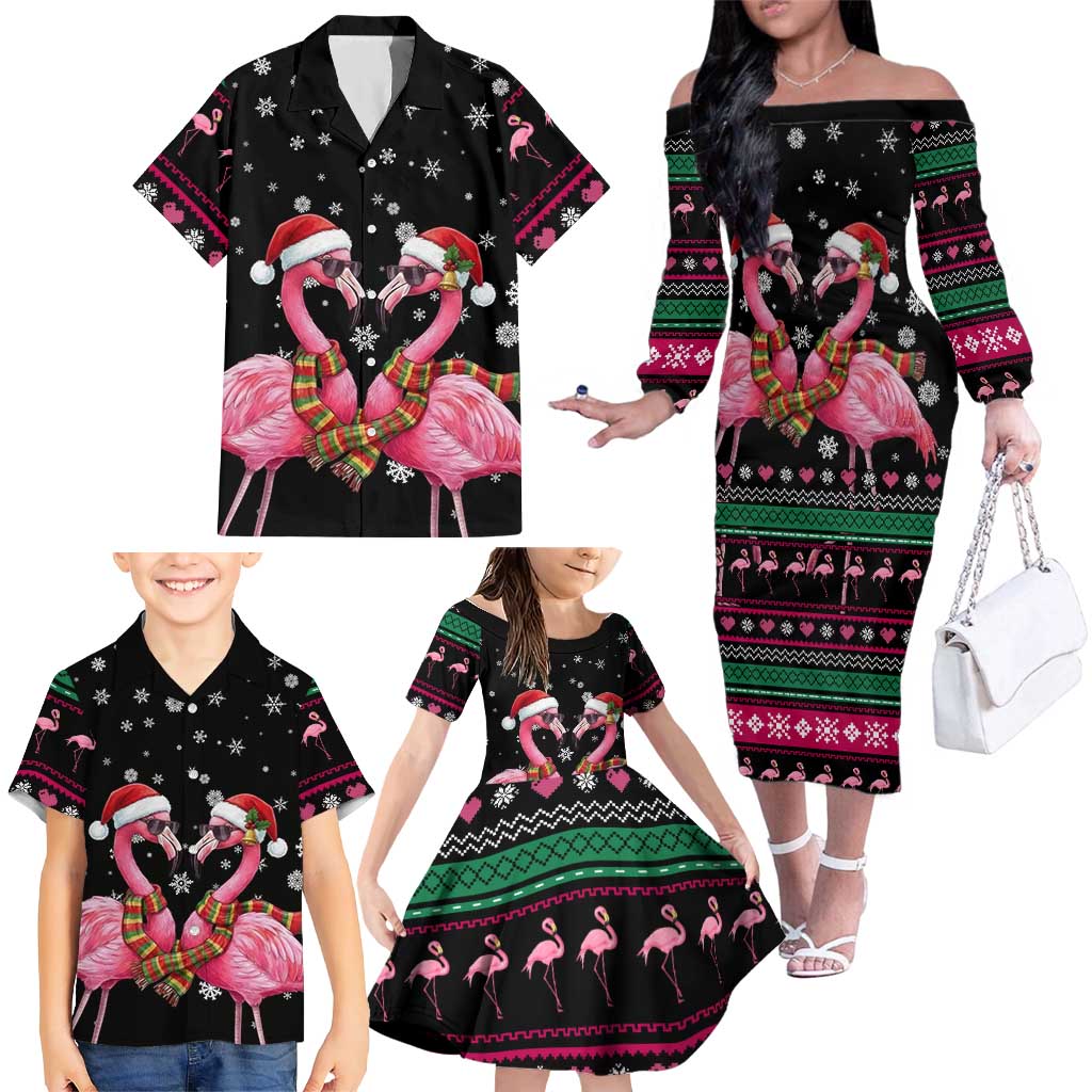Flamingo Couple Christmas Family Matching Off The Shoulder Long Sleeve Dress and Hawaiian Shirt Xmas Holiday Patterns - Wonder Print Shop