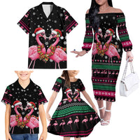 Flamingo Couple Christmas Family Matching Off The Shoulder Long Sleeve Dress and Hawaiian Shirt Xmas Holiday Patterns - Wonder Print Shop