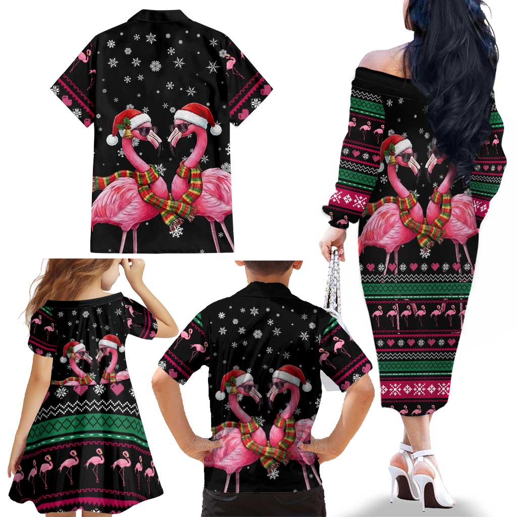 Flamingo Couple Christmas Family Matching Off The Shoulder Long Sleeve Dress and Hawaiian Shirt Xmas Holiday Patterns - Wonder Print Shop