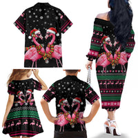 Flamingo Couple Christmas Family Matching Off The Shoulder Long Sleeve Dress and Hawaiian Shirt Xmas Holiday Patterns - Wonder Print Shop