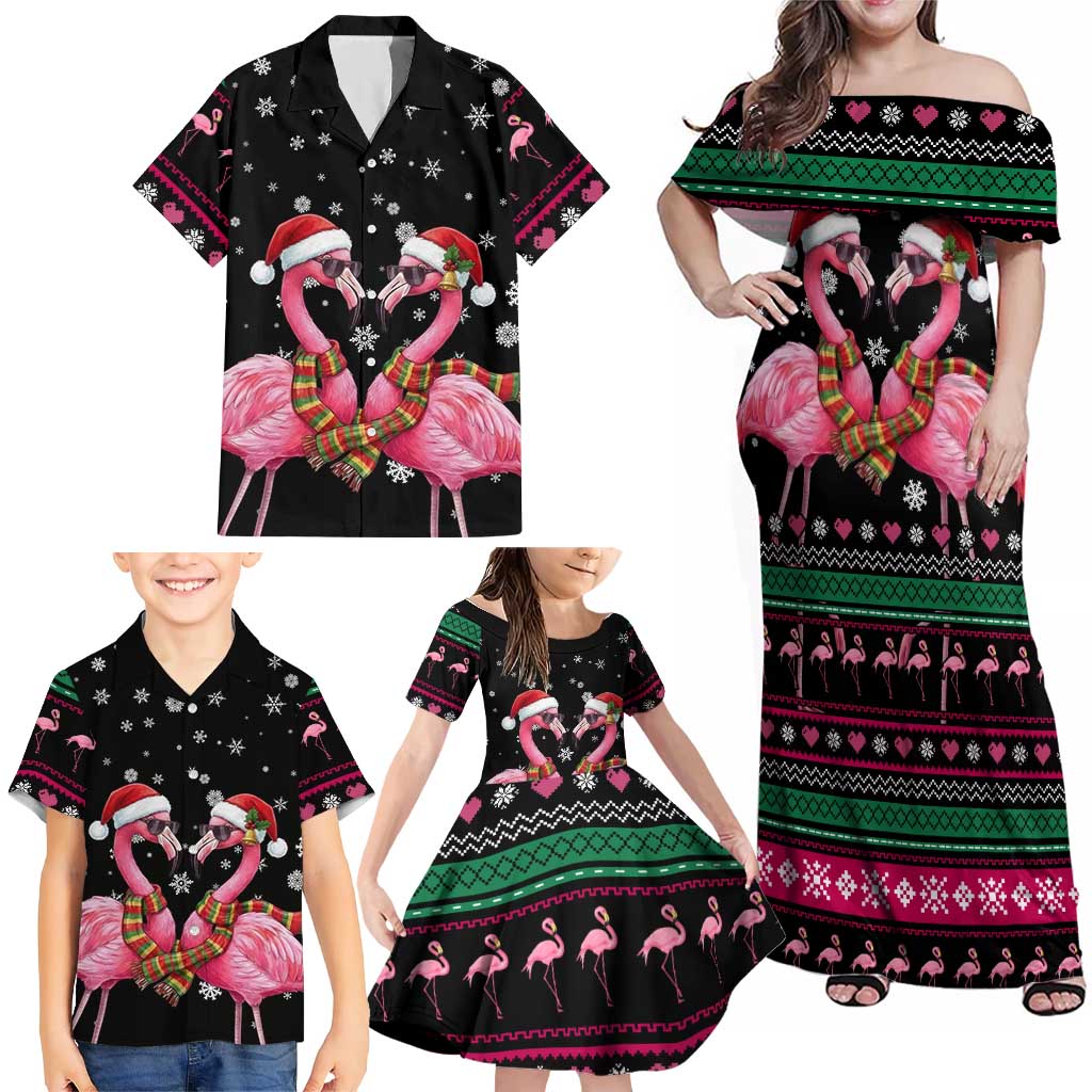 Flamingo Couple Christmas Family Matching Off Shoulder Maxi Dress and Hawaiian Shirt Xmas Holiday Patterns - Wonder Print Shop