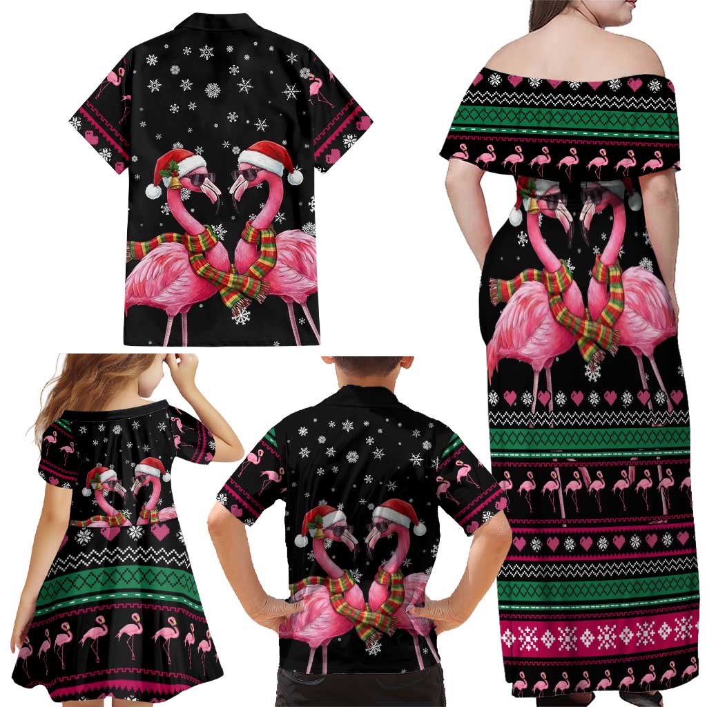 Flamingo Couple Christmas Family Matching Off Shoulder Maxi Dress and Hawaiian Shirt Xmas Holiday Patterns - Wonder Print Shop