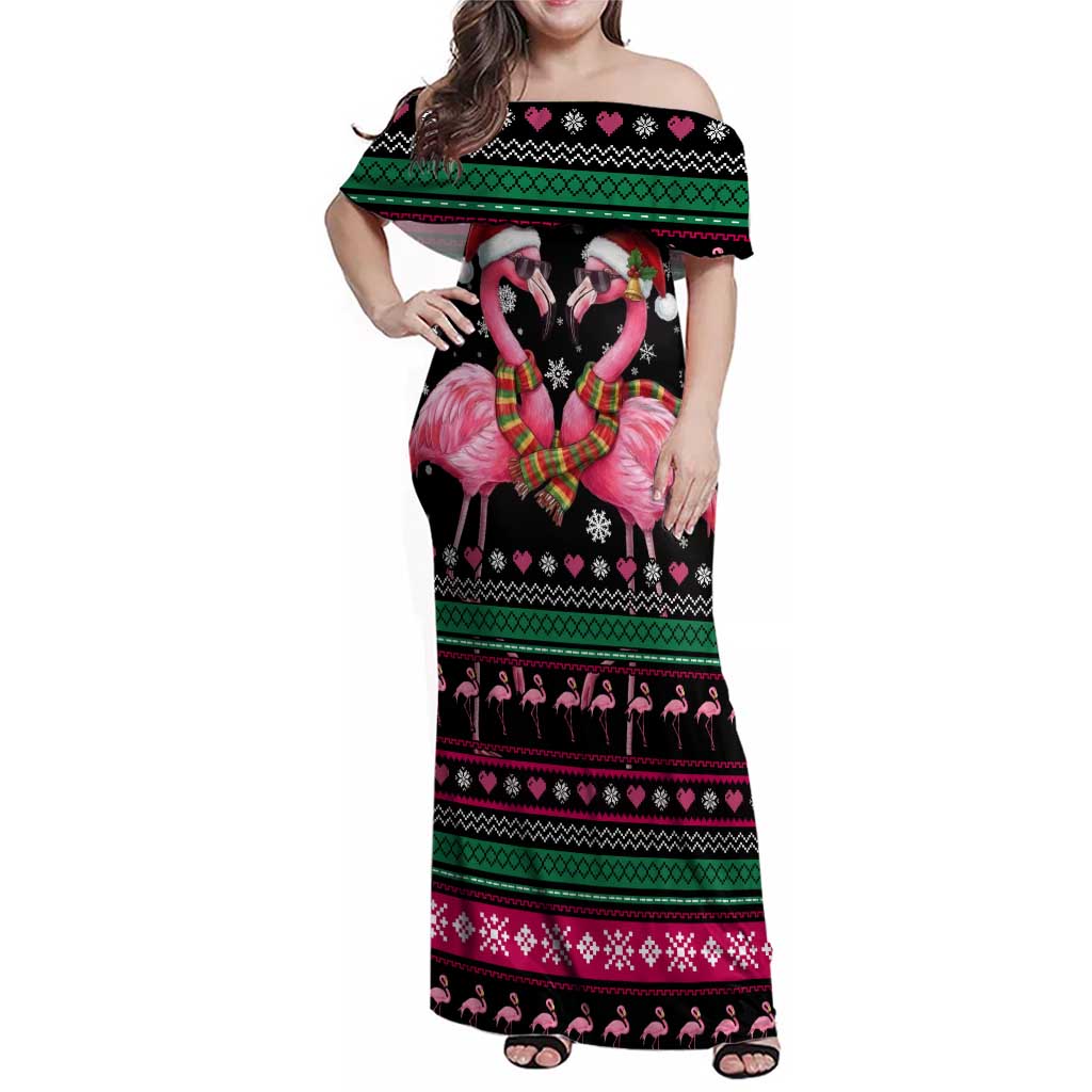Flamingo Couple Christmas Family Matching Off Shoulder Maxi Dress and Hawaiian Shirt Xmas Holiday Patterns - Wonder Print Shop