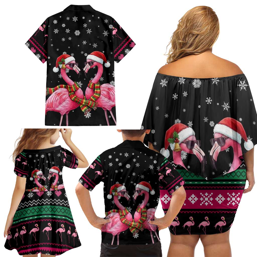 Flamingo Couple Christmas Family Matching Off Shoulder Short Dress and Hawaiian Shirt Xmas Holiday Patterns - Wonder Print Shop