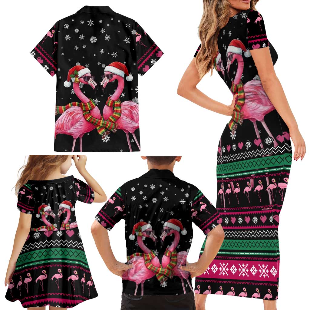 Flamingo Couple Christmas Family Matching Short Sleeve Bodycon Dress and Hawaiian Shirt Xmas Holiday Patterns - Wonder Print Shop