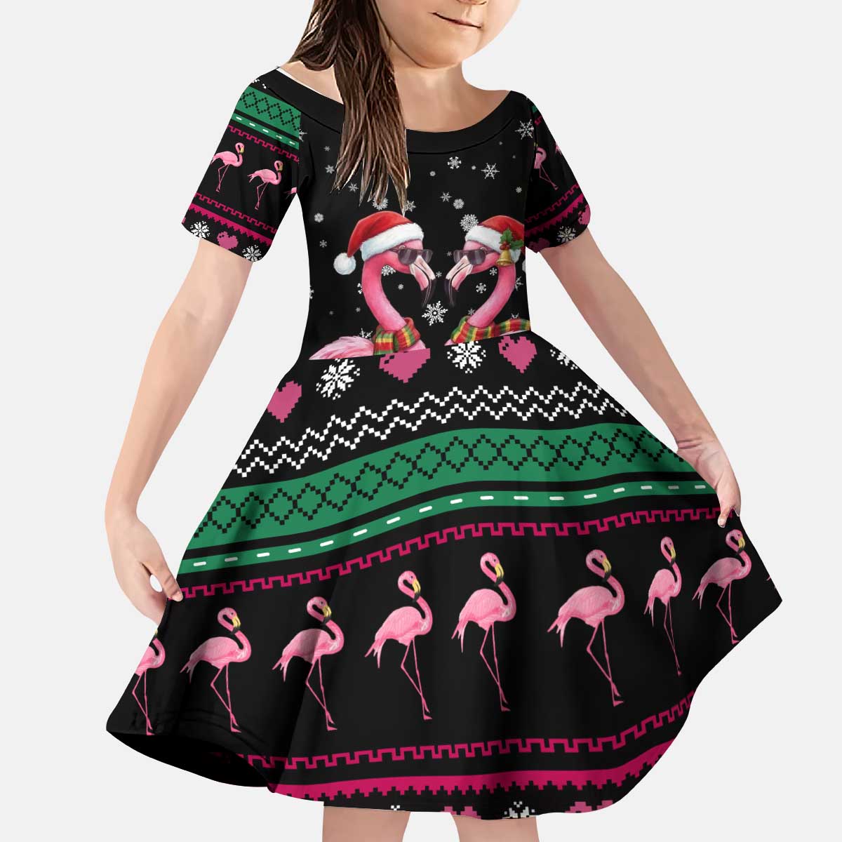 Flamingo Couple Christmas Kid Short Sleeve Dress Xmas Holiday Patterns - Wonder Print Shop
